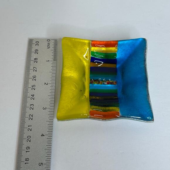 Fused Glass Rainbow Design Colorful Square Trinket Dish Ring Holder Vanity Decor - Picture 4 of 10
